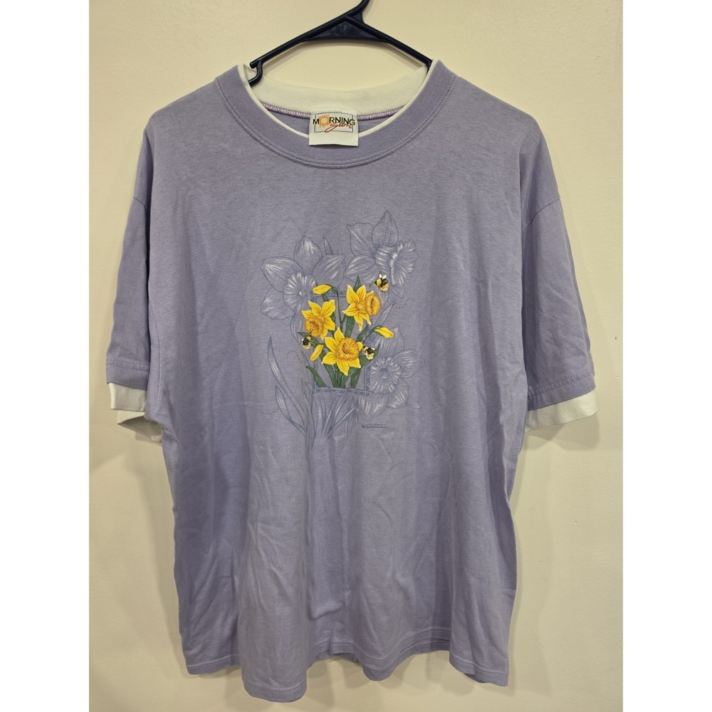 Vintage Grannycore T Shirt XL, Morning Sun Floral Bee Graphic Double Collar 90's